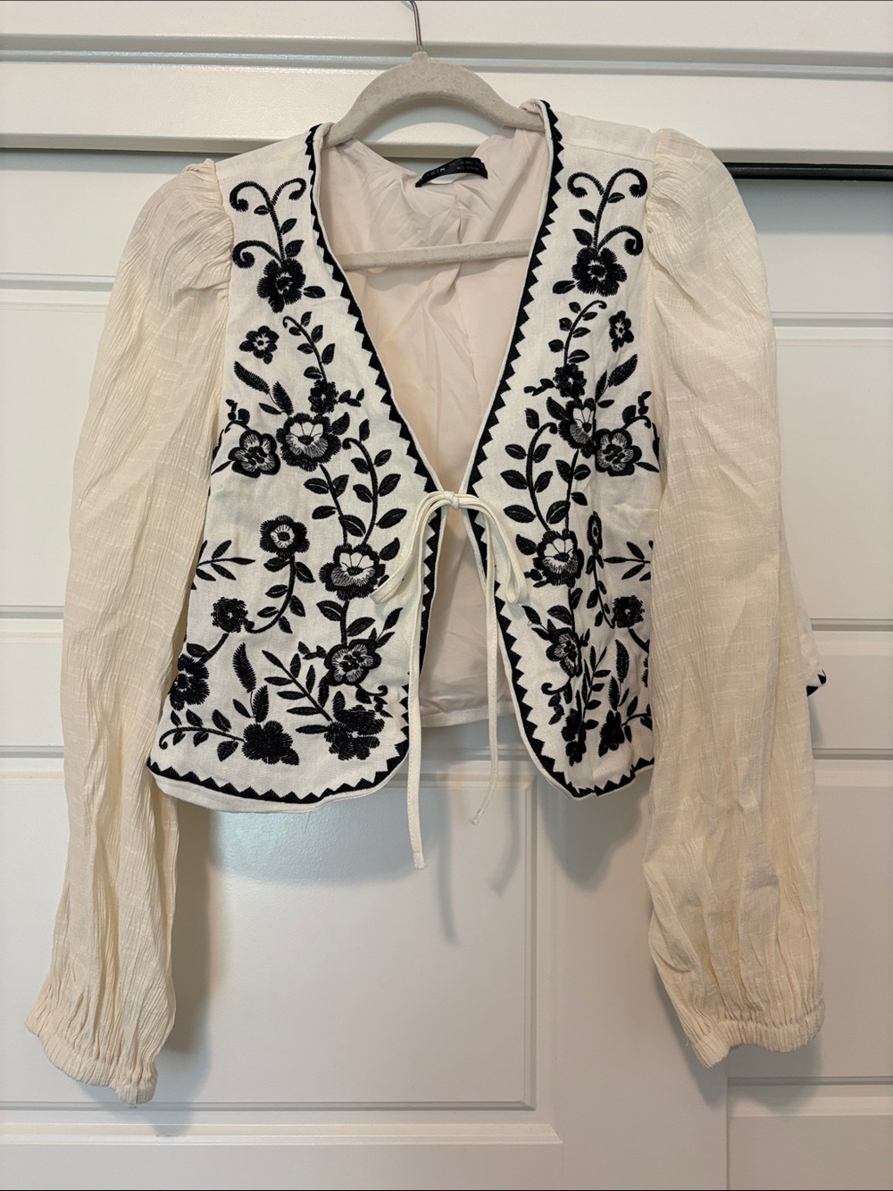 SHEIN Ivory Peasant Tunic with Black Floral Embroidery